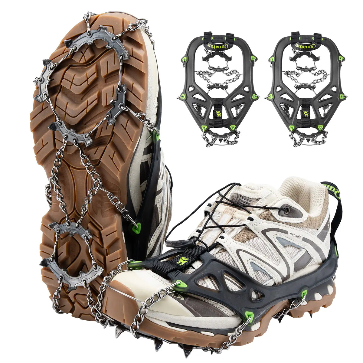 Ice cleats attached to a shoe on a white background