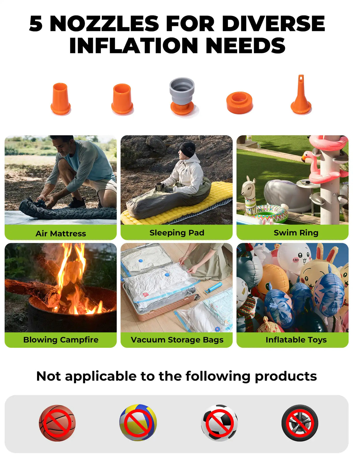 Five nozzles for diverse inflation needs with examples of use on air mattress, sleeping pad, swim ring, campfire, vacuum storage bags, and inflatable toys.