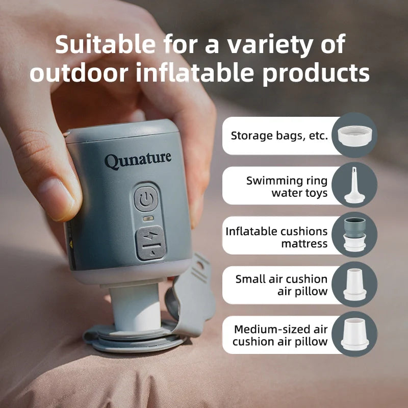Qunature inflatable product pump held by a hand with text and icons indicating product uses.
