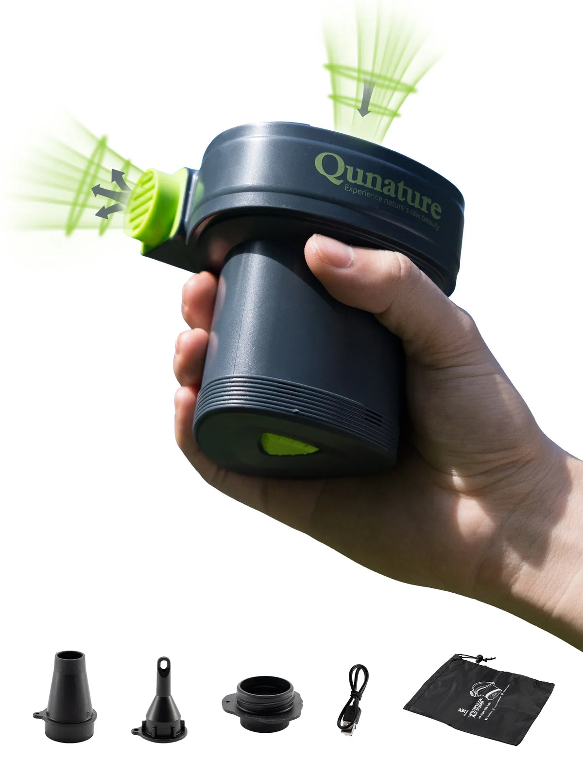 Hand holding a Qunature badminton shuttlecock machine with accessories on a white background