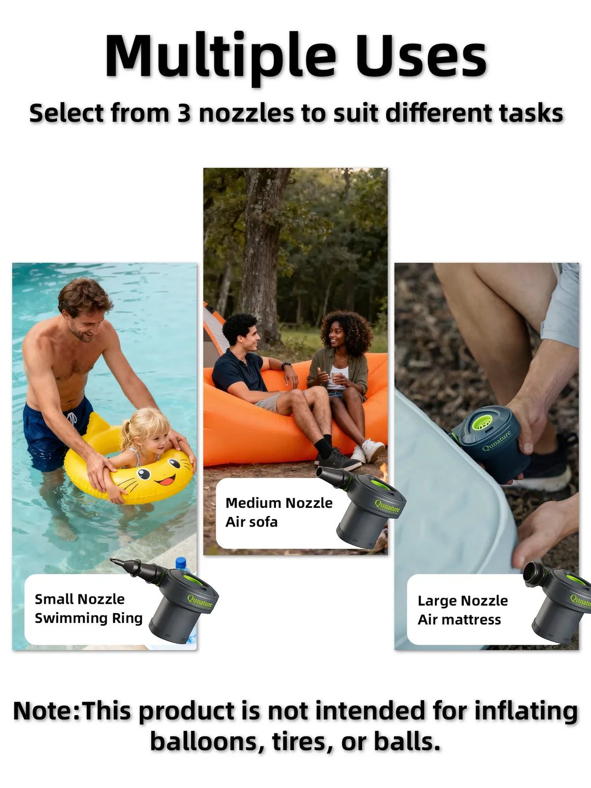 Product advertisement showing different uses of nozzles with images and text.