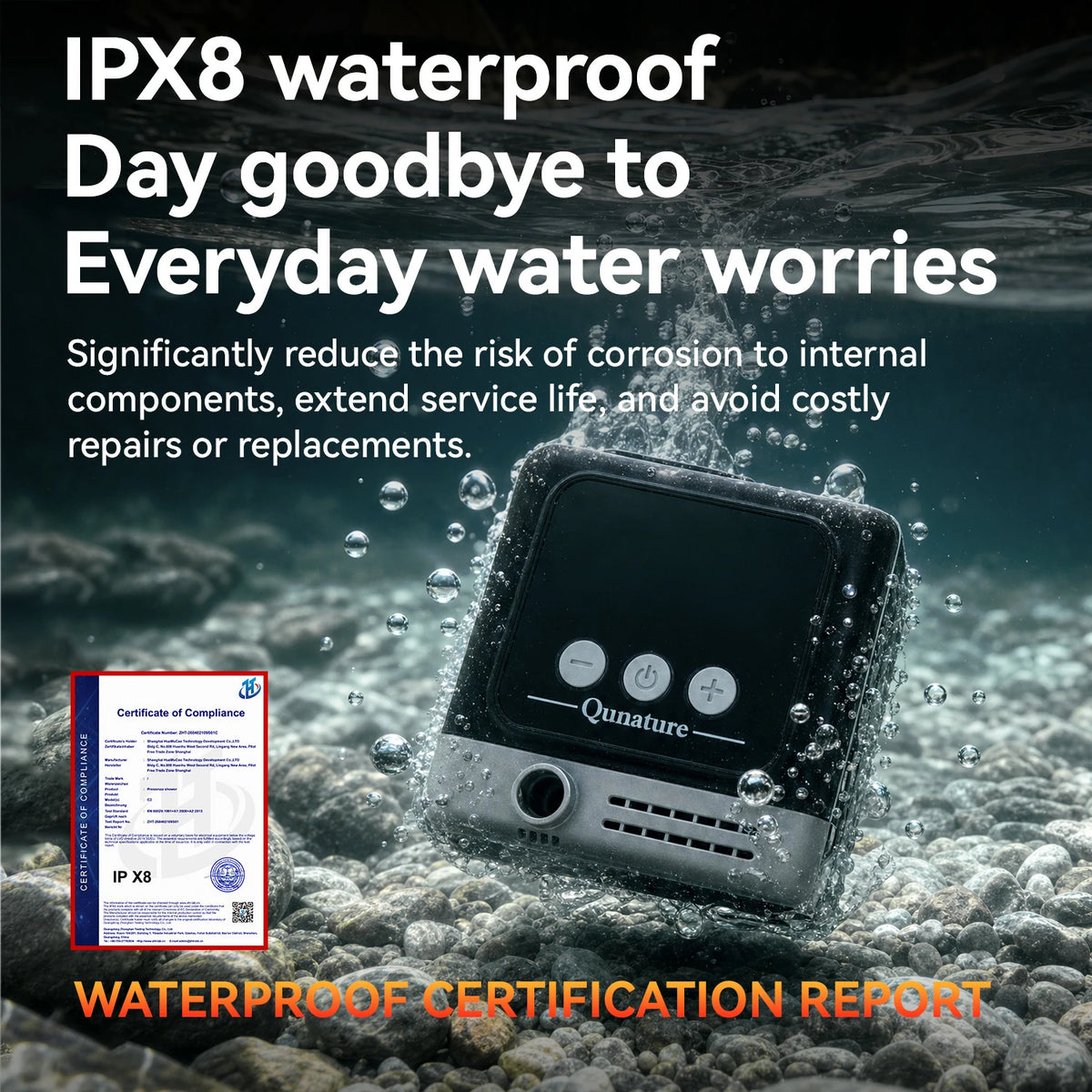 Product submerged in water with text highlighting IPX8 waterproof rating and benefits.