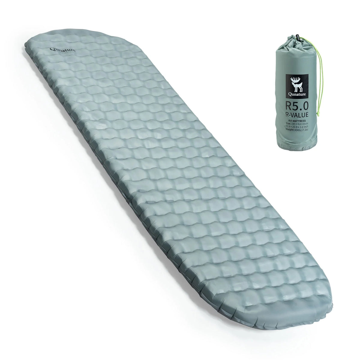 Gray sleeping pad with a rolled-up packaging on a white background