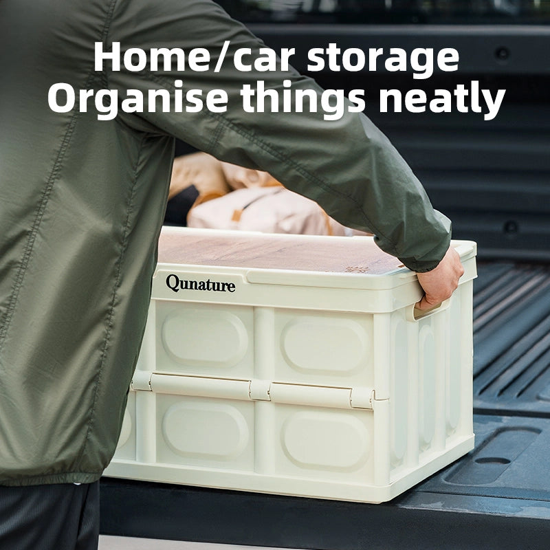 Person opening a white storage box labeled 'Qunature' in a vehicle's cargo area with text 'Home/car storage Organise things neatly'.