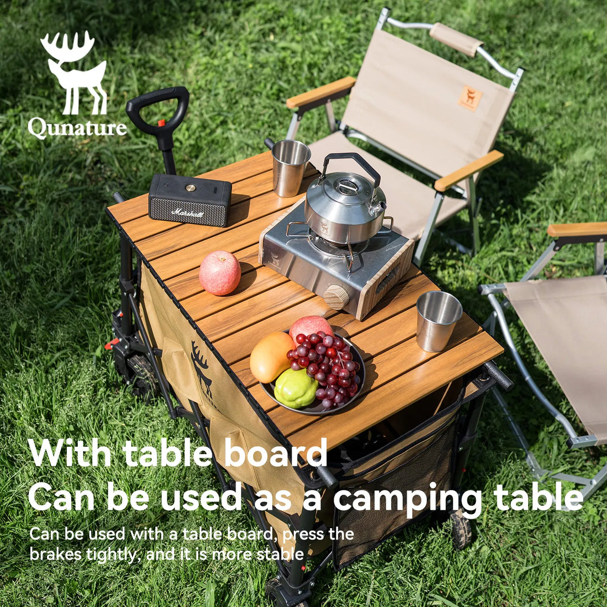 This camping utility wagon can be placed inside a table with cutlery, cups, etc.