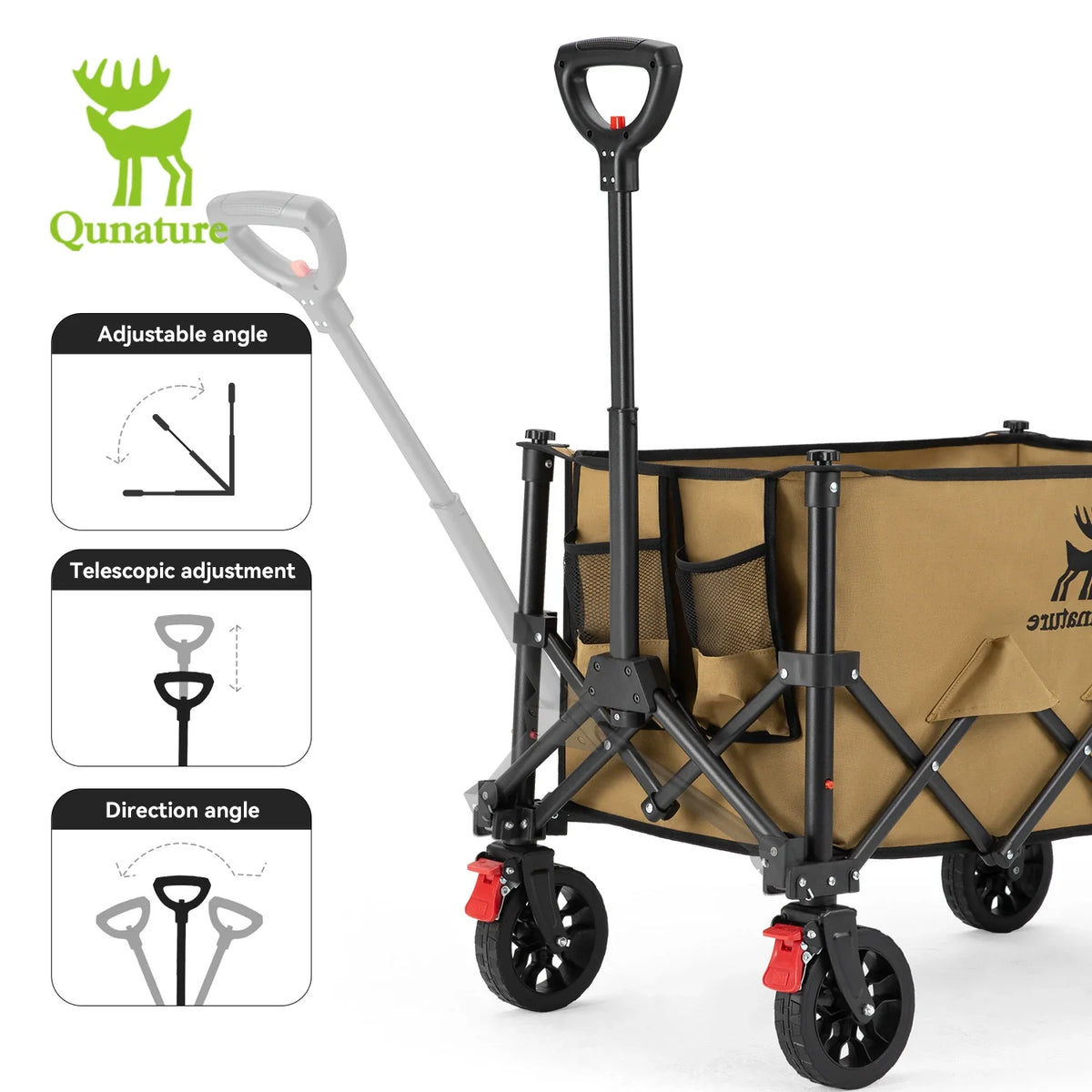 Collapsible wagon with adjustable handle and wheels on a white background, featuring Qunature brand.