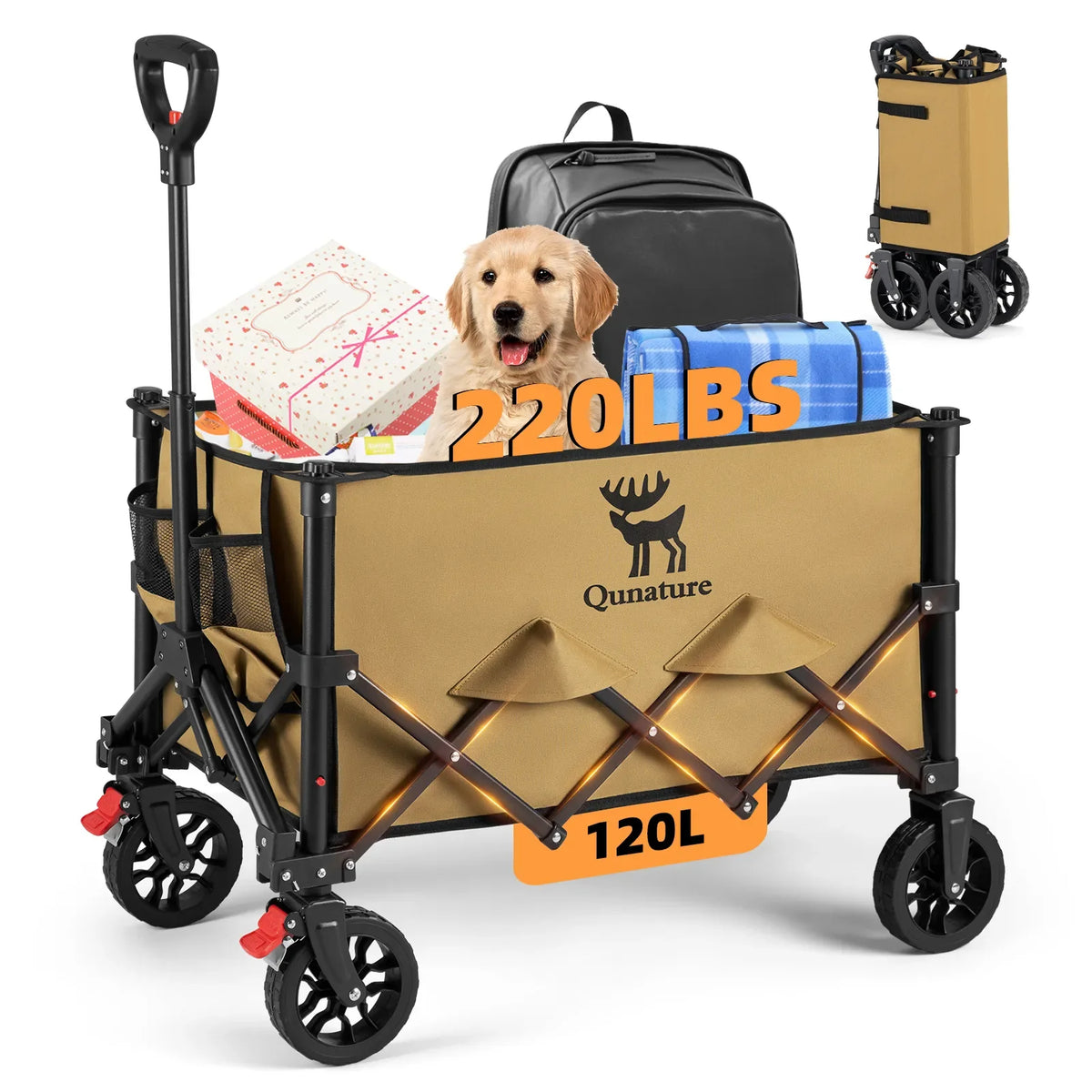 A Khaki waterproof Oxford fabric camping utility wagon that can hold 220 LBS of supplies.