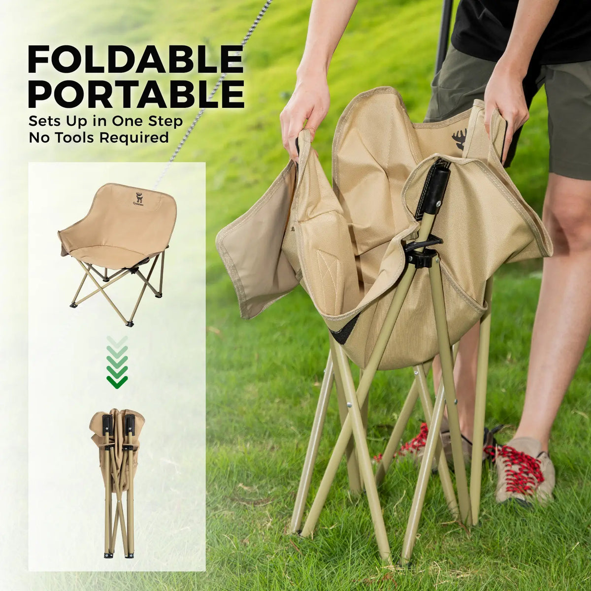 Foldable portable chair being set up in a grassy area with text highlighting features.