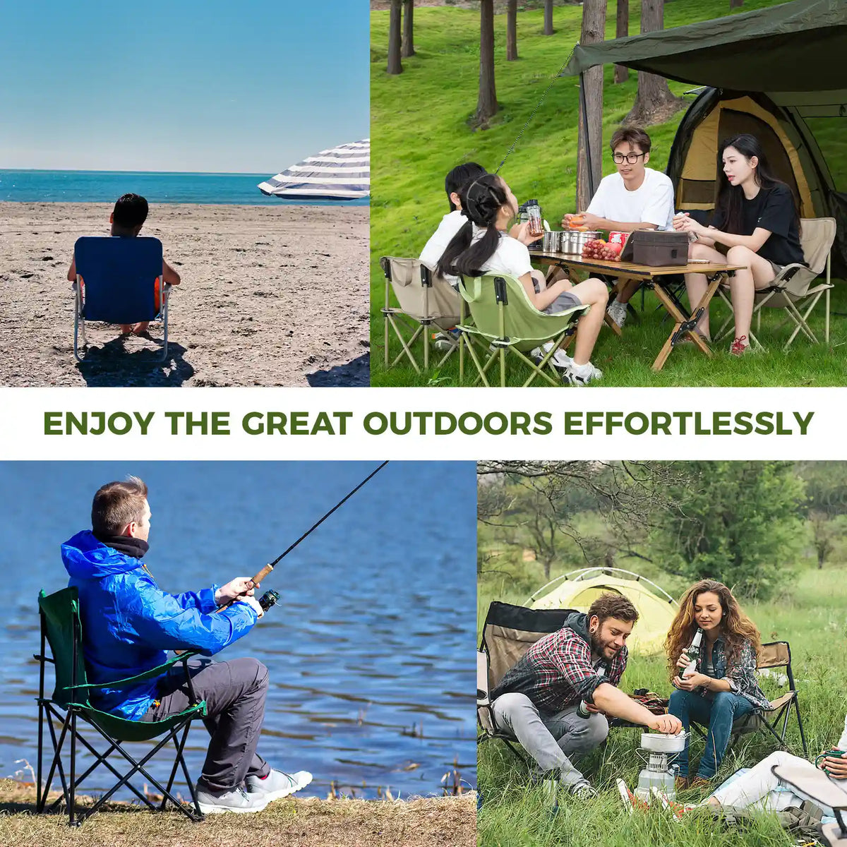 Collage of people enjoying outdoor activities with text 'Enjoy the great outdoors effortlessly'.