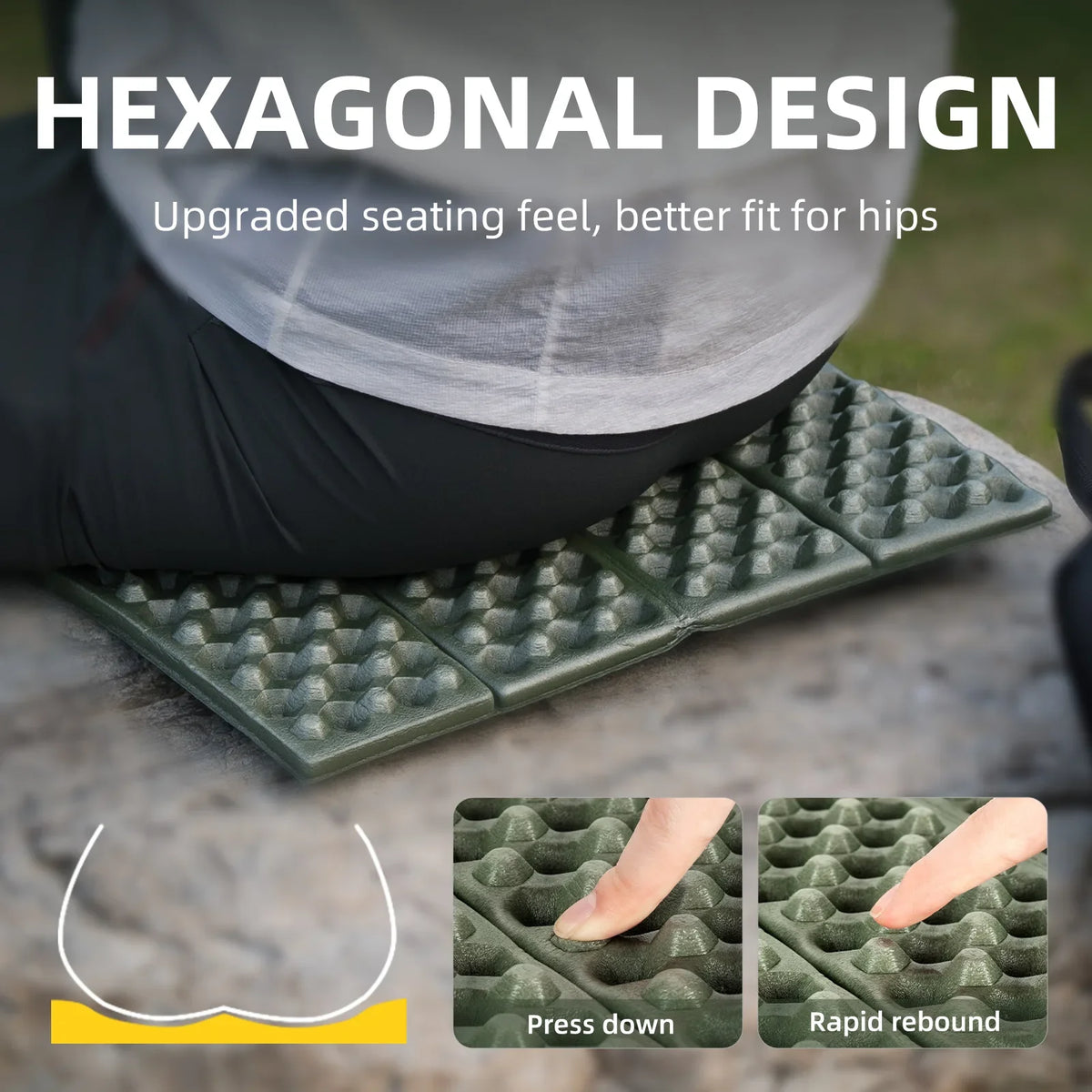 Hexagonal design seating pad with text highlighting its features, shown on a surface.
