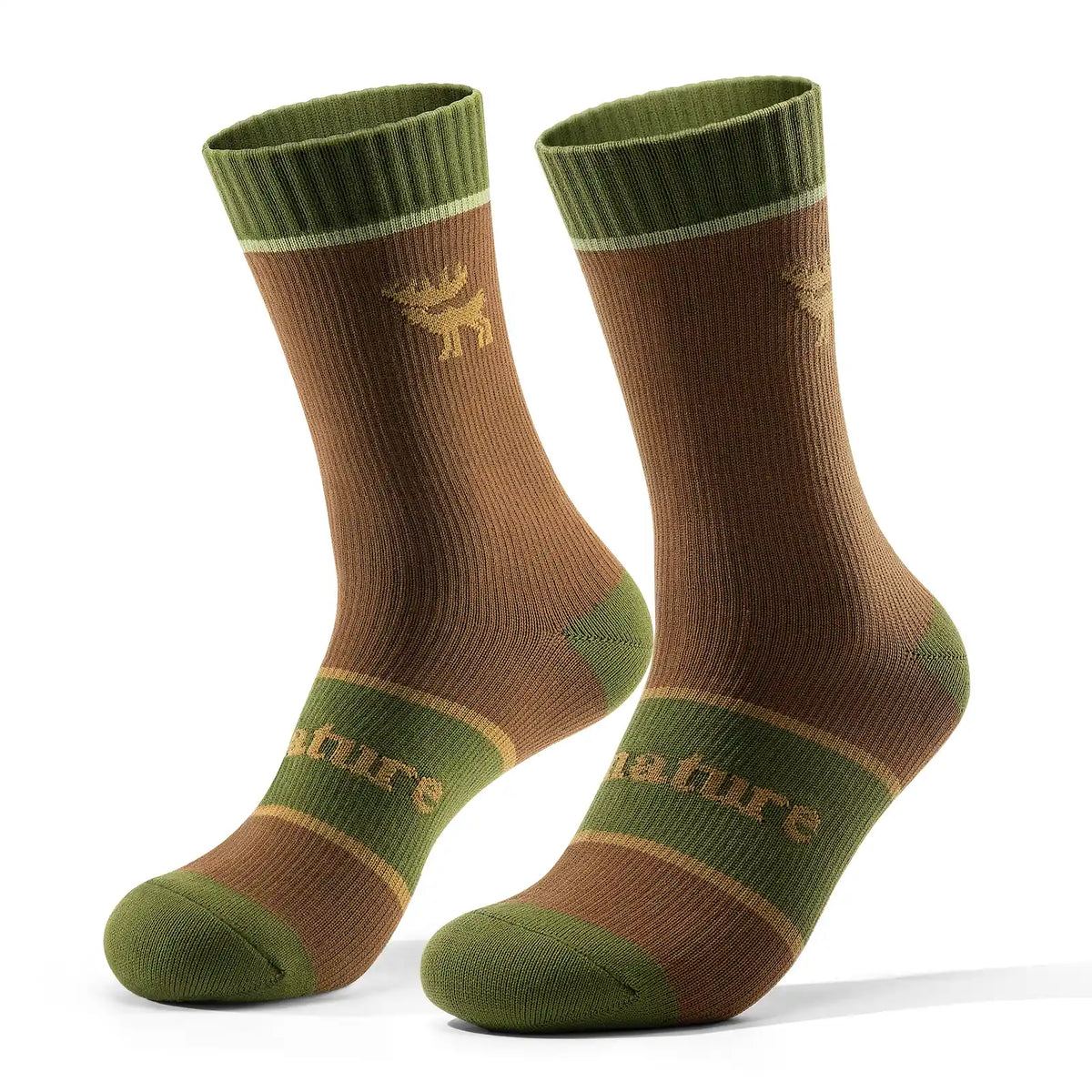 Pair of Khaki socks with green accents on a white background #Color_khaki
