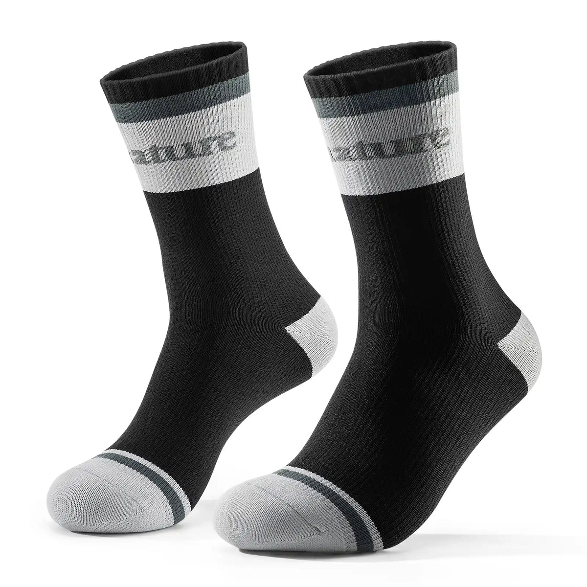 Pair of black socks with gray accents on a white background #Color_black