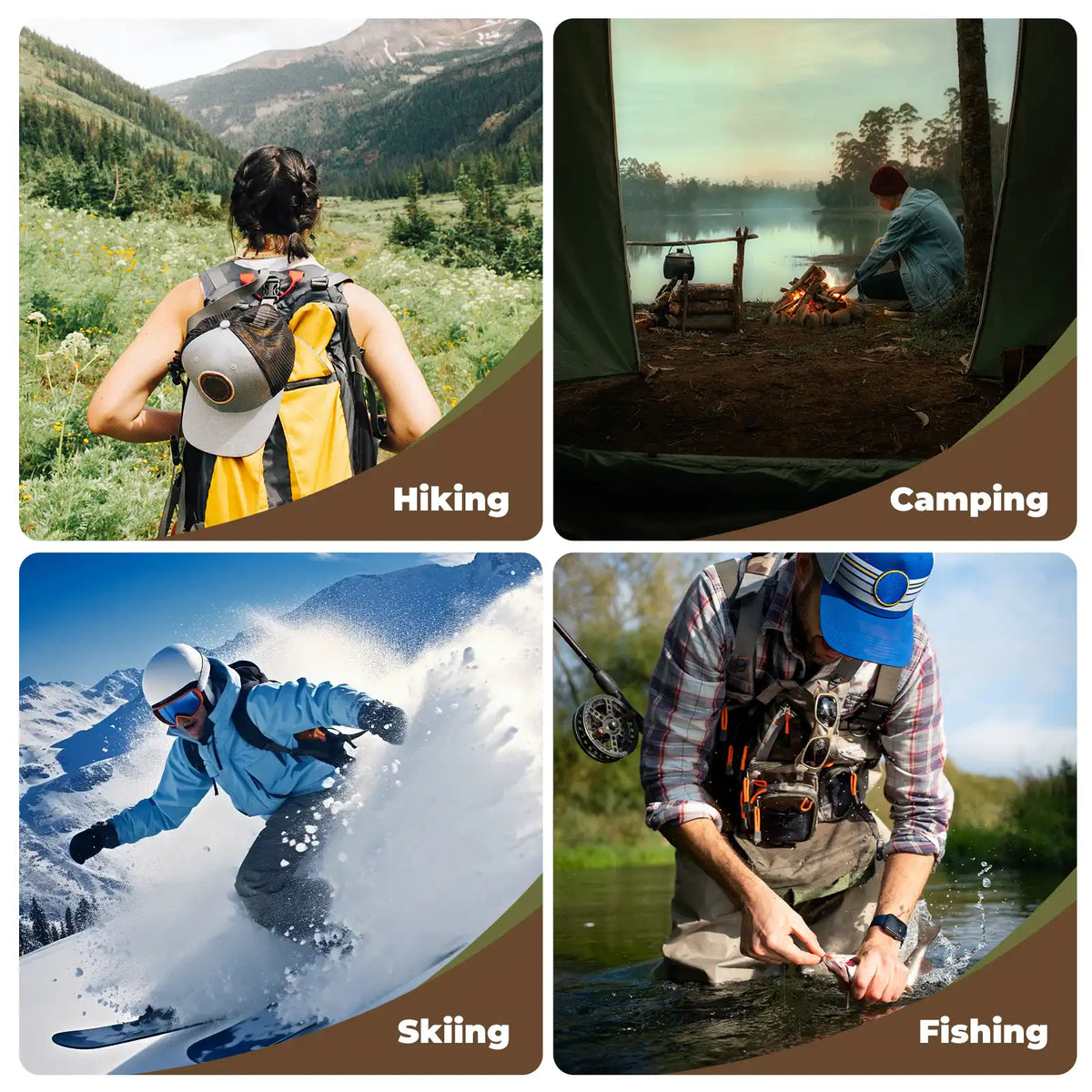 Collage of four outdoor activities: hiking, camping, skiing, and fishing.