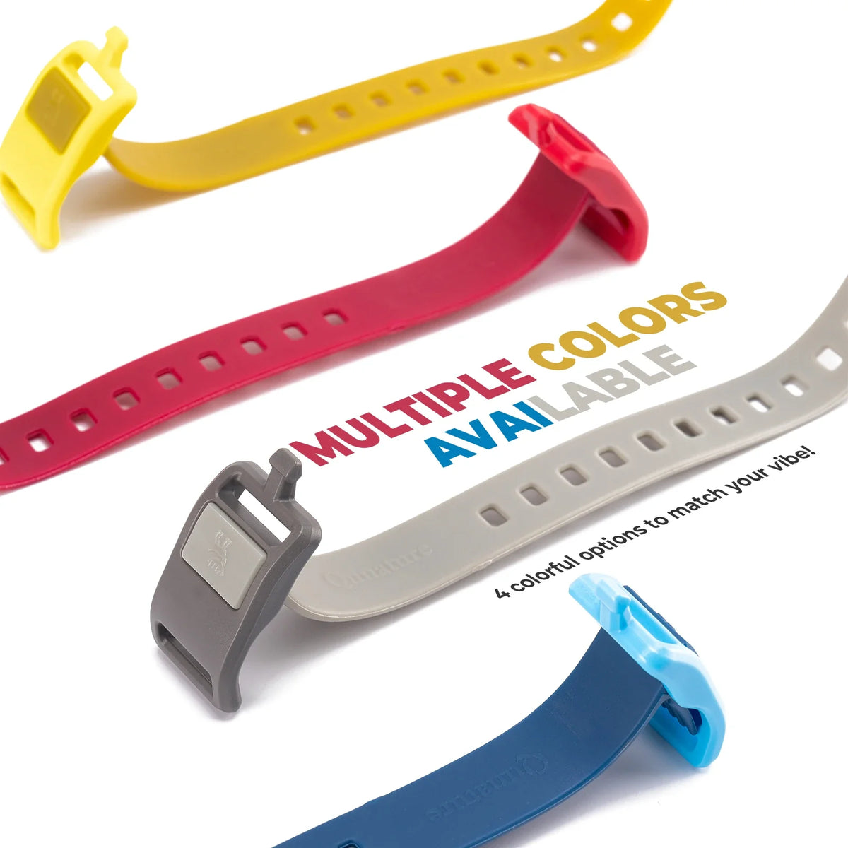 Colorful watch straps in yellow, red, gray, and blue on a white background with text 'Multiple Colors Available'.