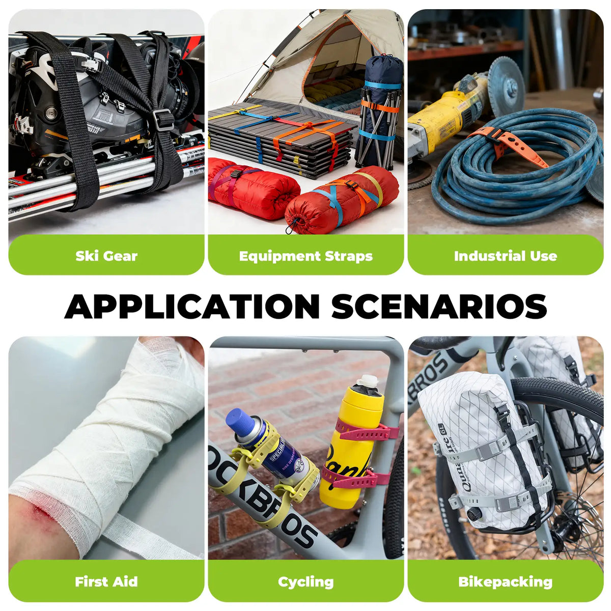 Collage of various application scenarios for ski gear, equipment straps, and industrial use with text labels.