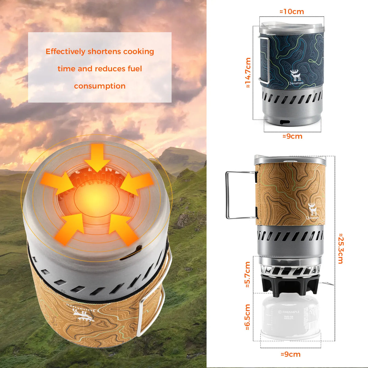 Portable stove with wooden design and measurements, set against a mountain landscape.