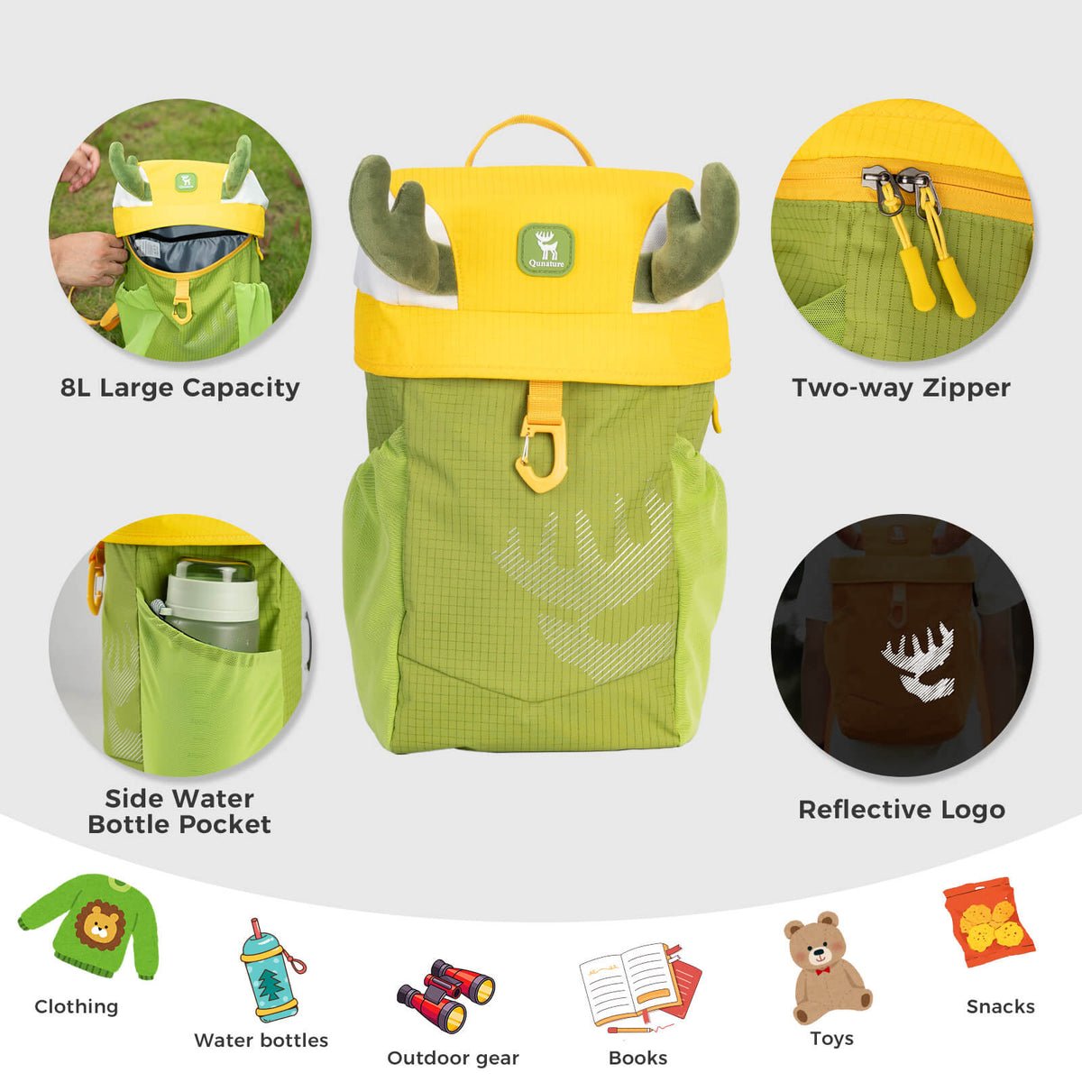 The Qunature 8L lightweight hiking backpack for children is made of water-repellent fabric and is designed specifically for children aged 4-8.
#color_orange
