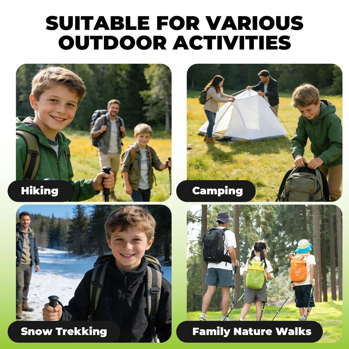 Collage of children with backpacks suitable for various outdoor activities including hiking, camping, snow trekking, and family nature walks.