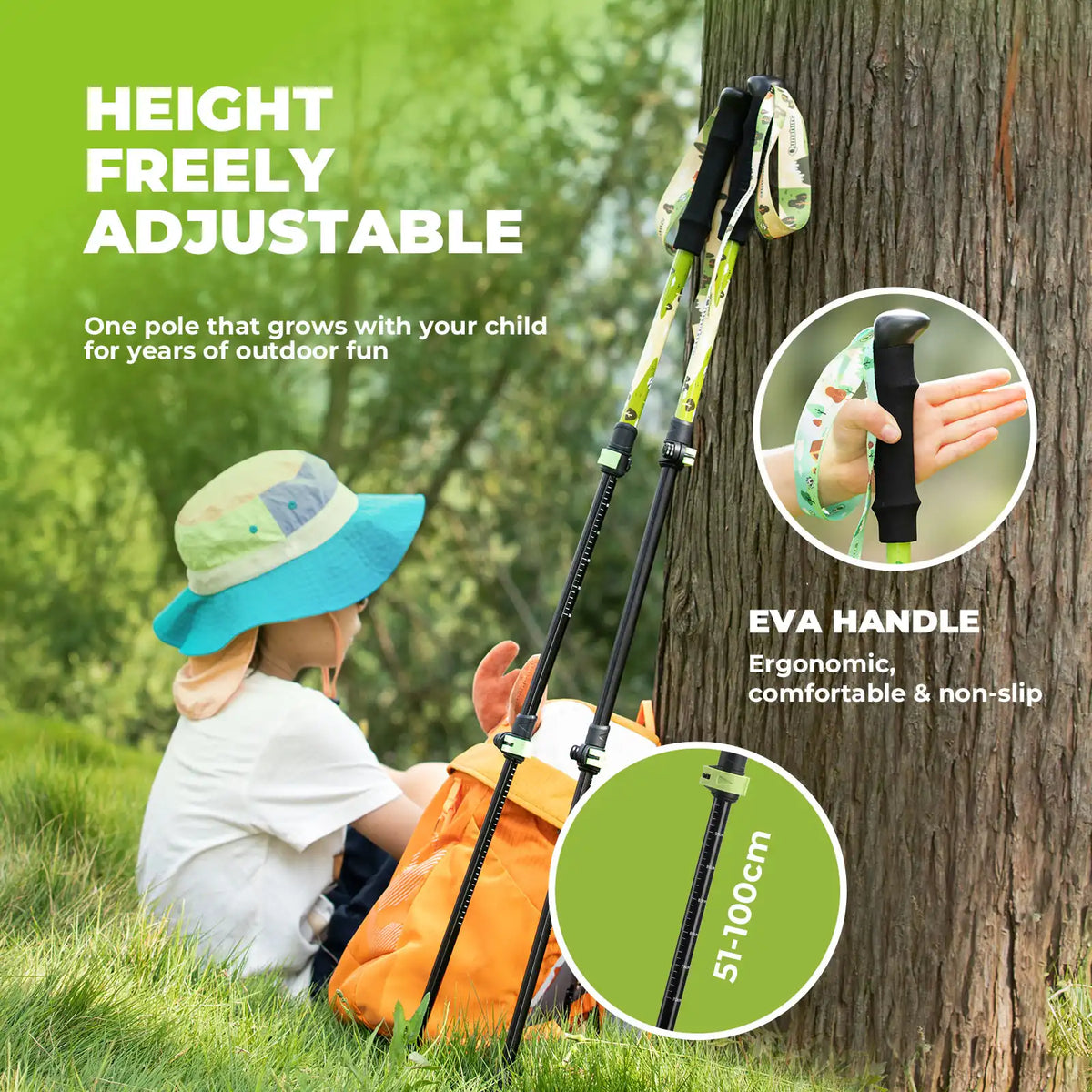 Child sitting on the grass with height-adjustable walking sticks, emphasizing ergonomic handle and adjustable length.