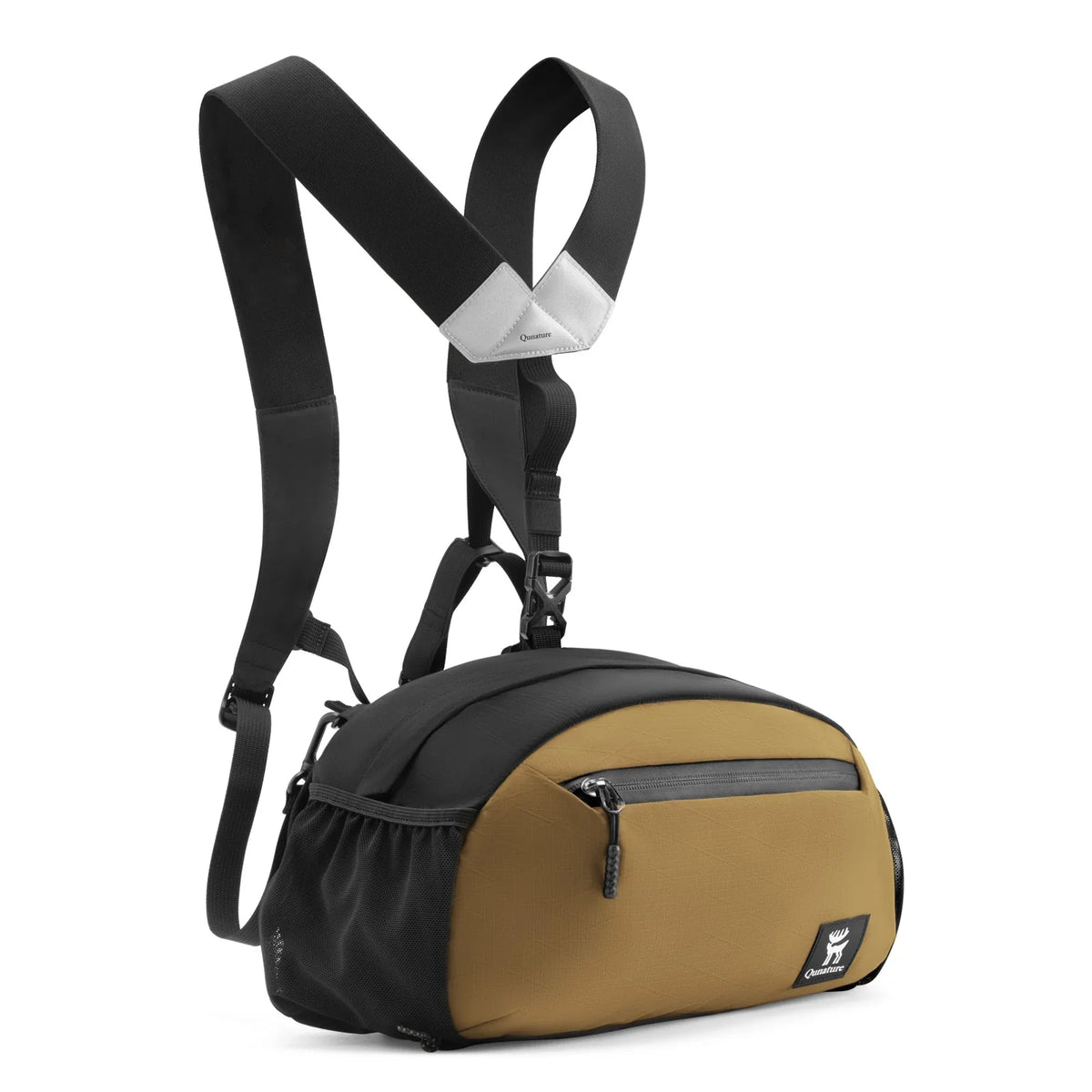Black and brown bag with straps on a white background