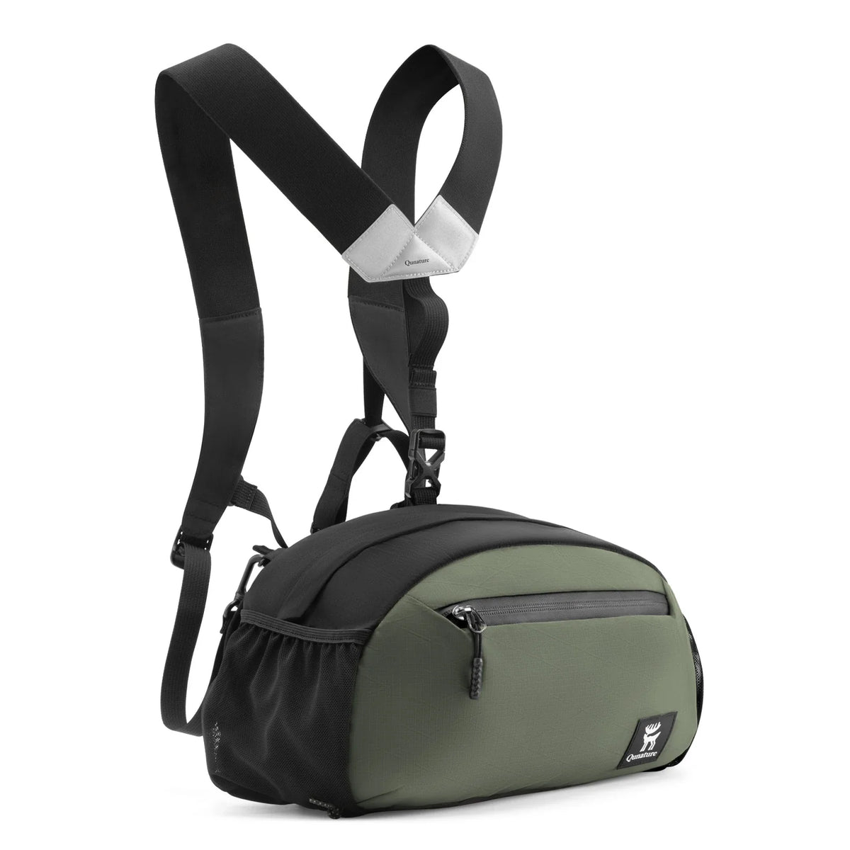 Green and black crossbody bag with adjustable straps on a white background