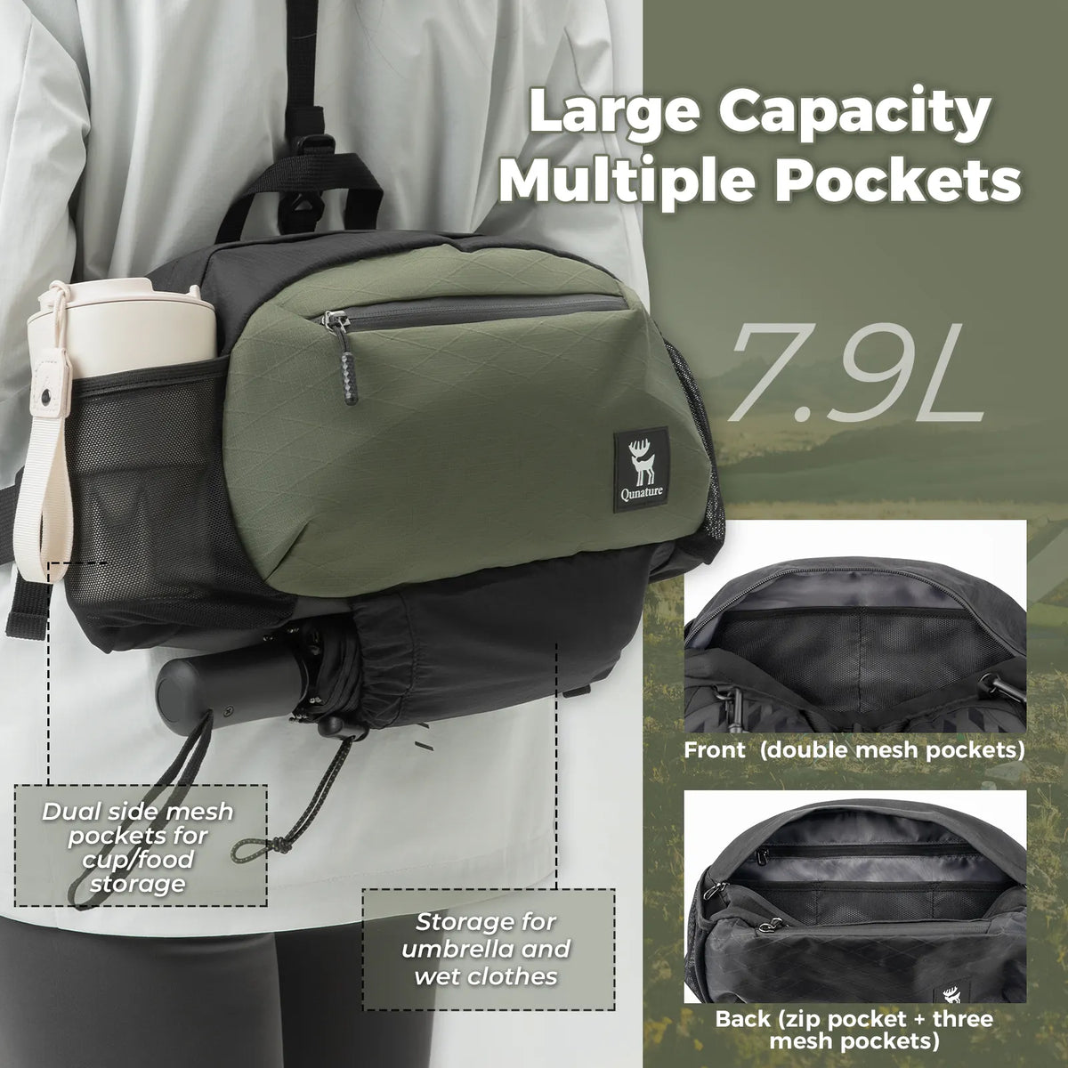 Green and black backpack with multiple pockets and storage features on a gray background