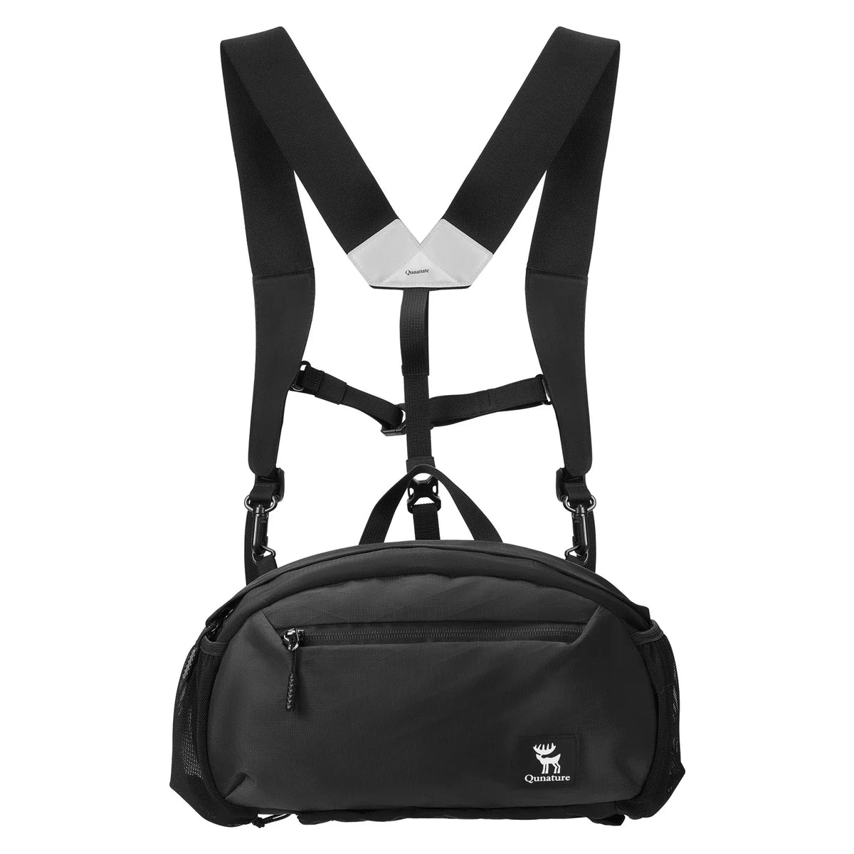 Black crossbody bag with adjustable straps on a white background