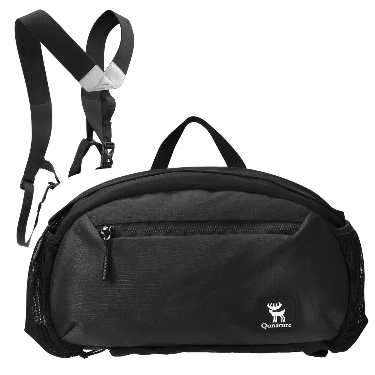 Black crossbody bag with adjustable straps on a white background