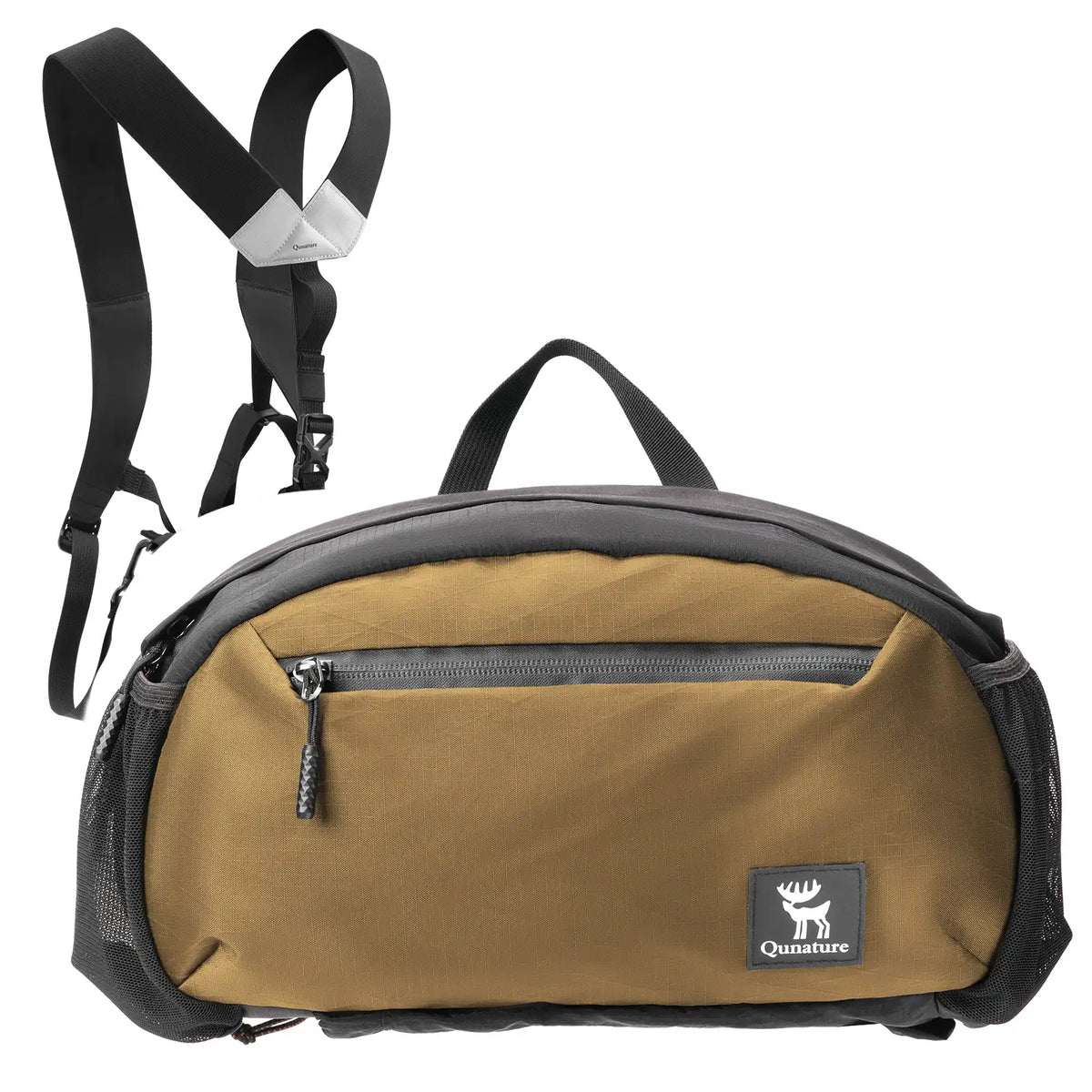 Black and brown bag with straps on a white background