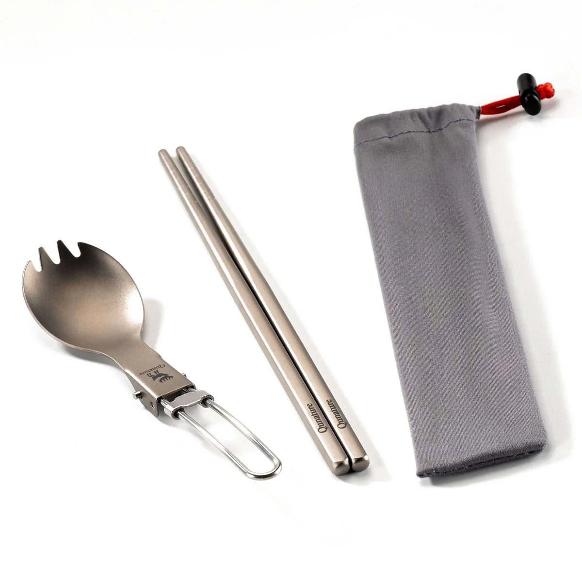 Set of camping cutlery with knife, fork, spoon, and tool in a carrying case on a white background