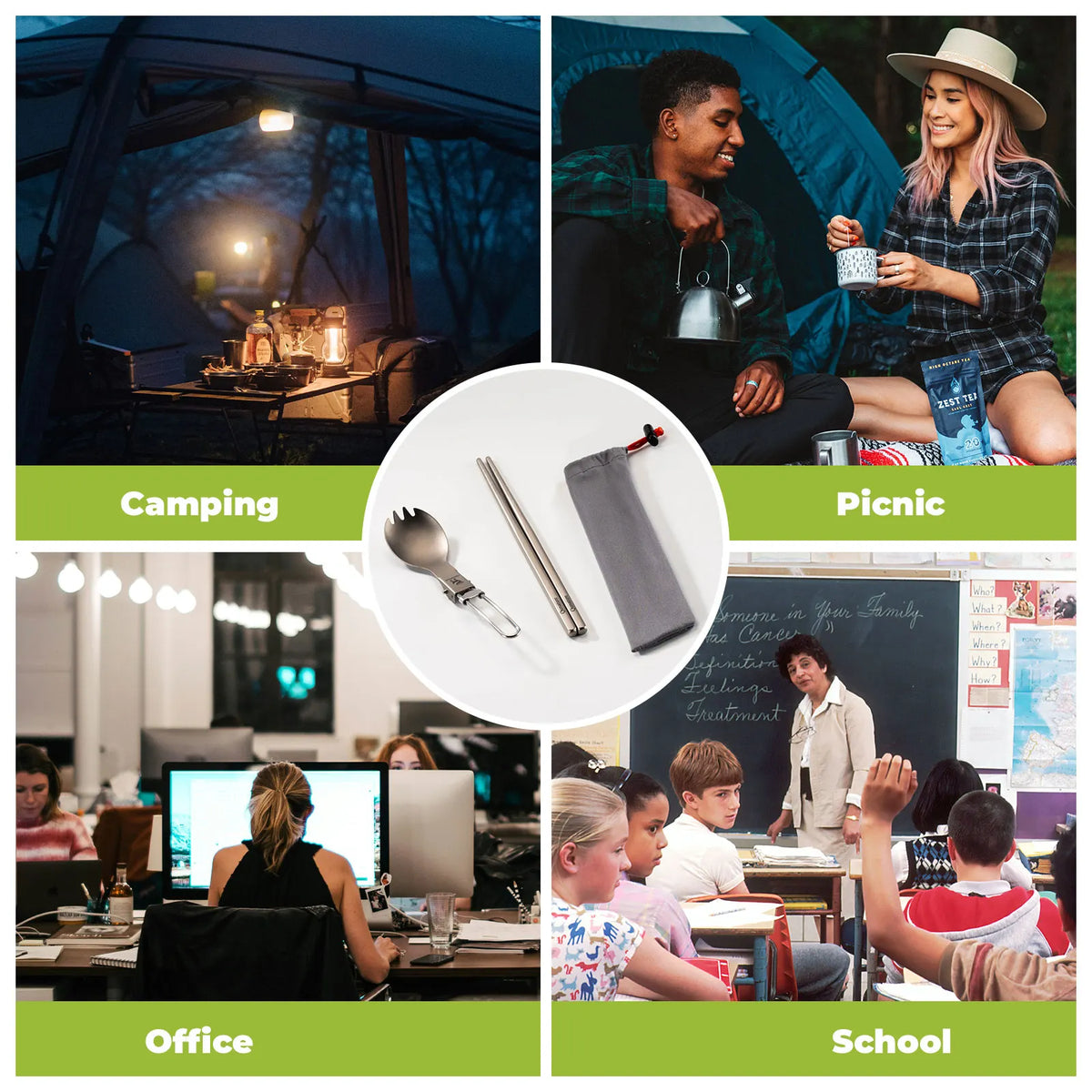 Collage of images showing camping, picnic, office, and school scenes with a focus on outdoor gear.