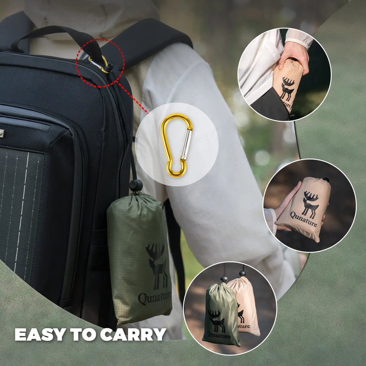 Backpack with a carabiner and small bags, featuring the Qumara brand.