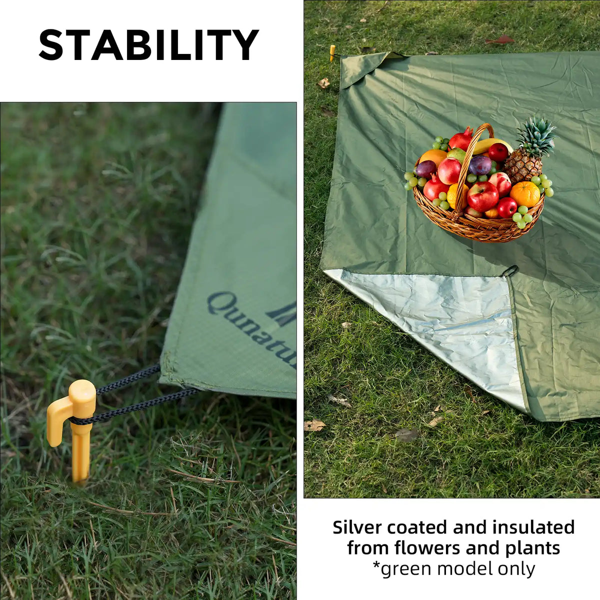 Green tent with stability peg and fruit basket on grass