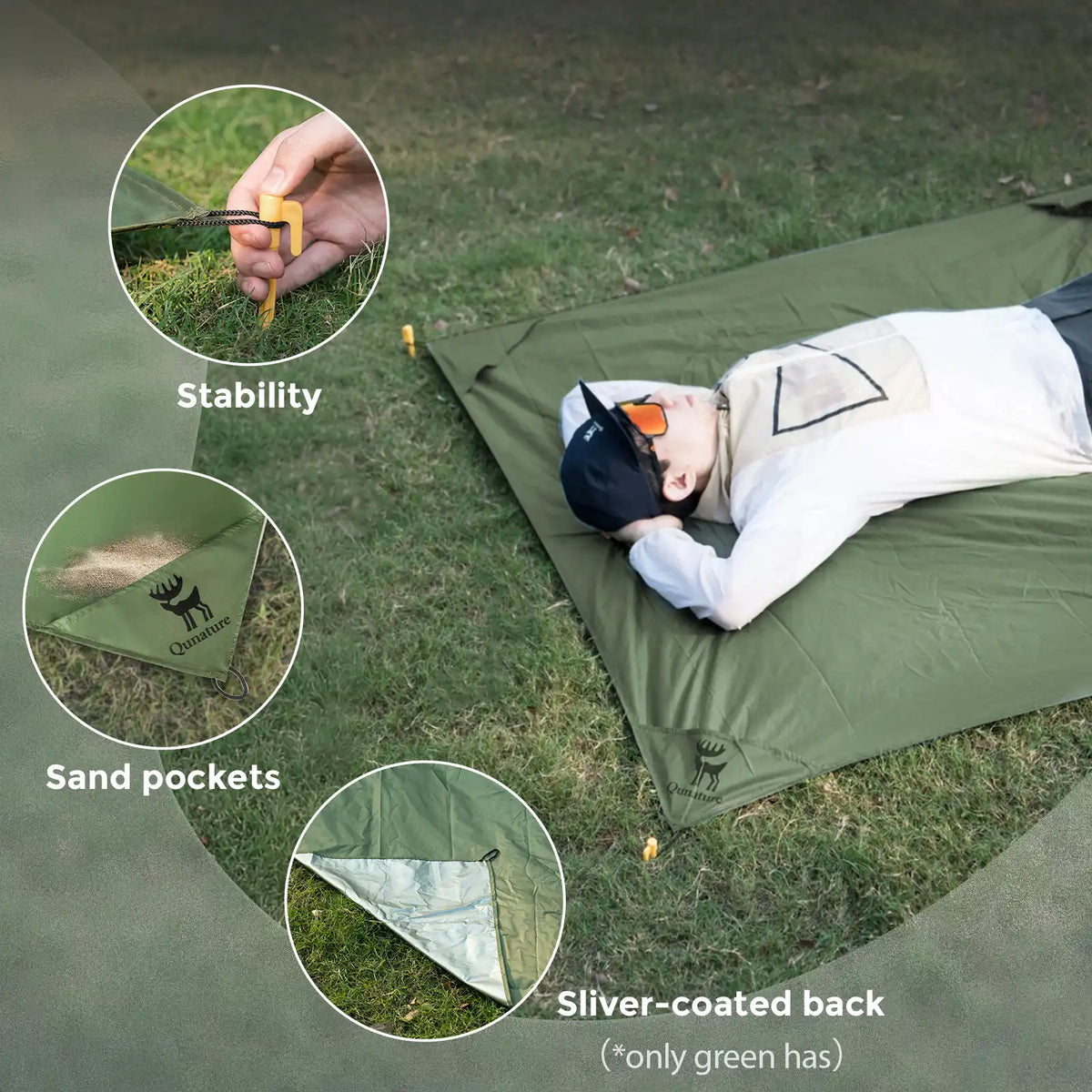 Person lying on a green camping mat with close-ups of features like stability, sand pockets, and silver-coated back.