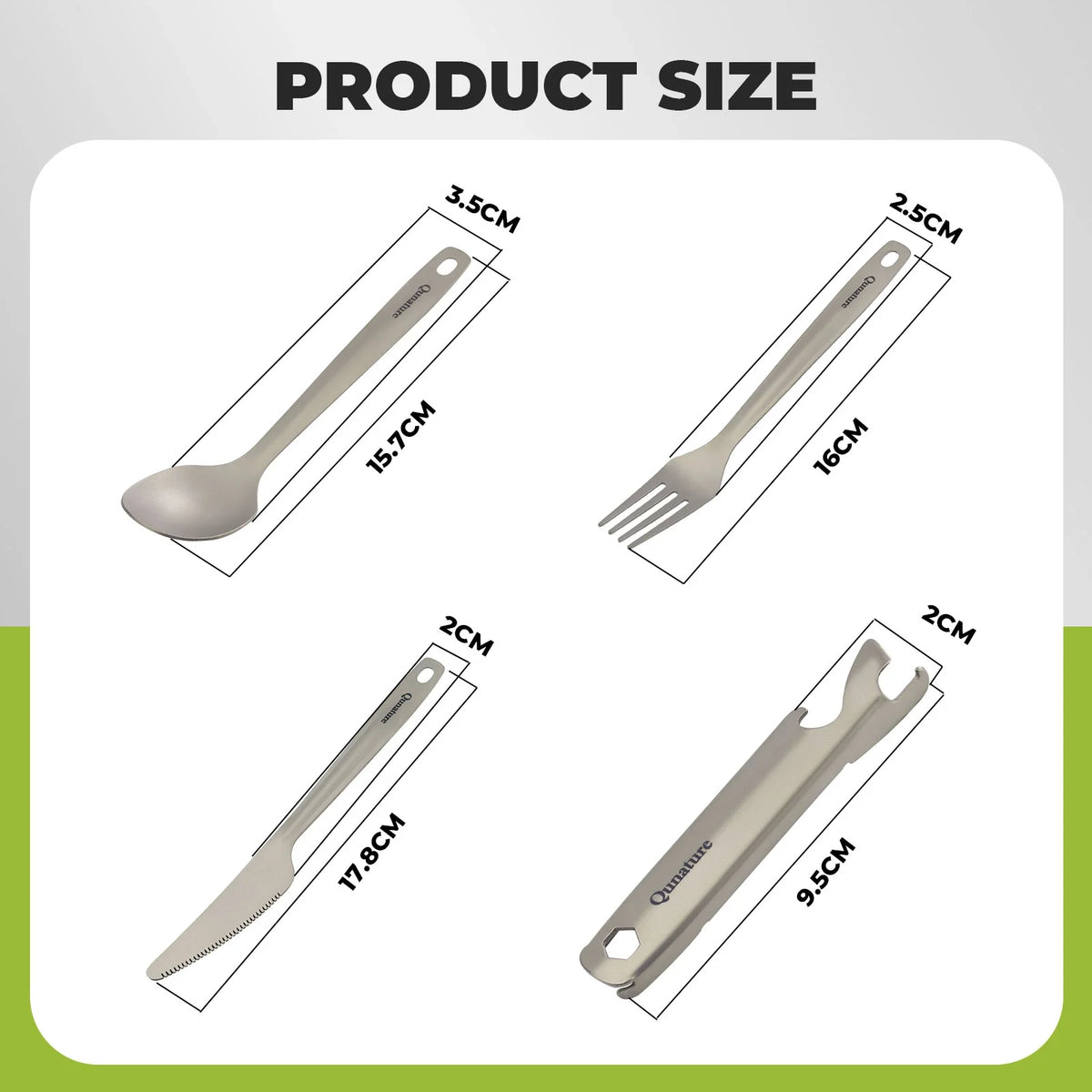 Measurement chart showing dimensions of a set of camping utensils.