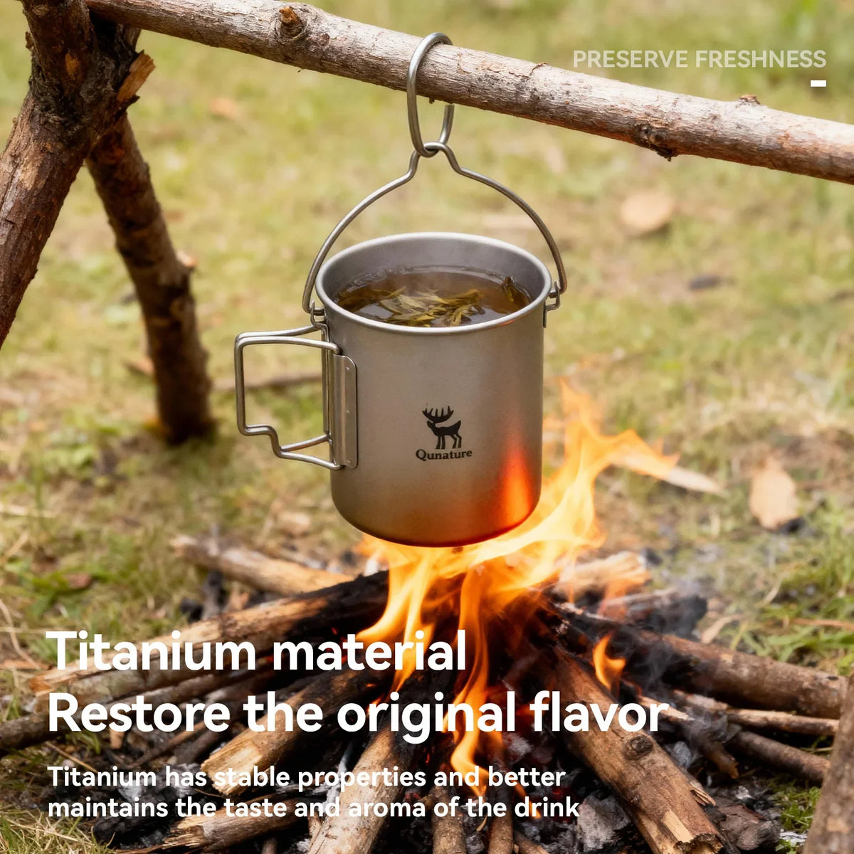 Titanium mug hanging over a campfire with text about titanium material and flavor preservation.