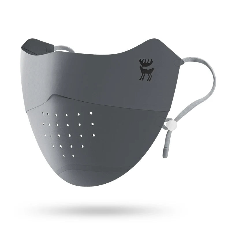 Gray face mask with a logo on a white background