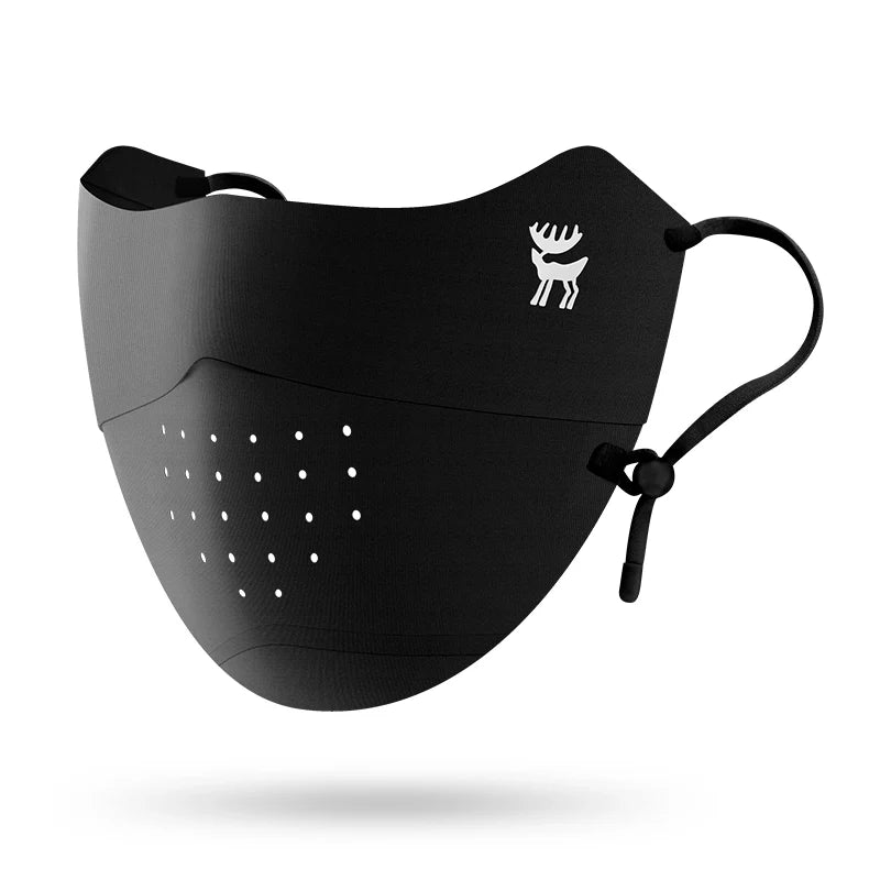 Black face mask with a brand logo on a white background