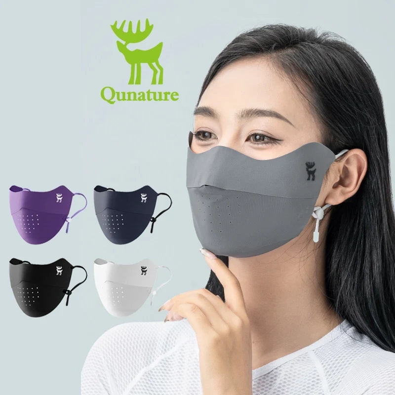 Woman wearing a gray face mask with Qunature logo and color options displayed.
