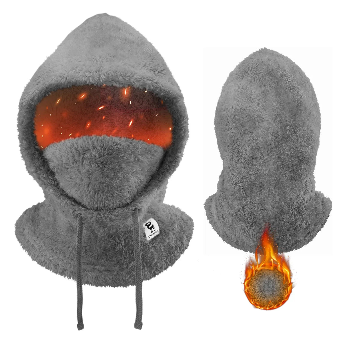 Gray fleece hood with a brand logo on a white background  #color_grey