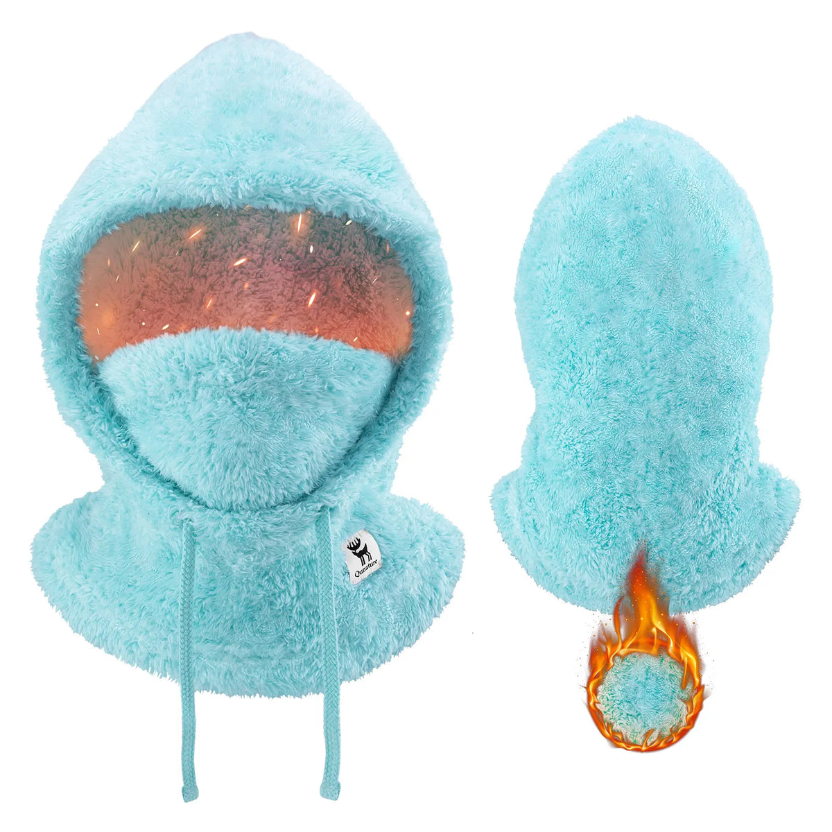 Green fleece hood with a brand logo on a white background  #color_blue