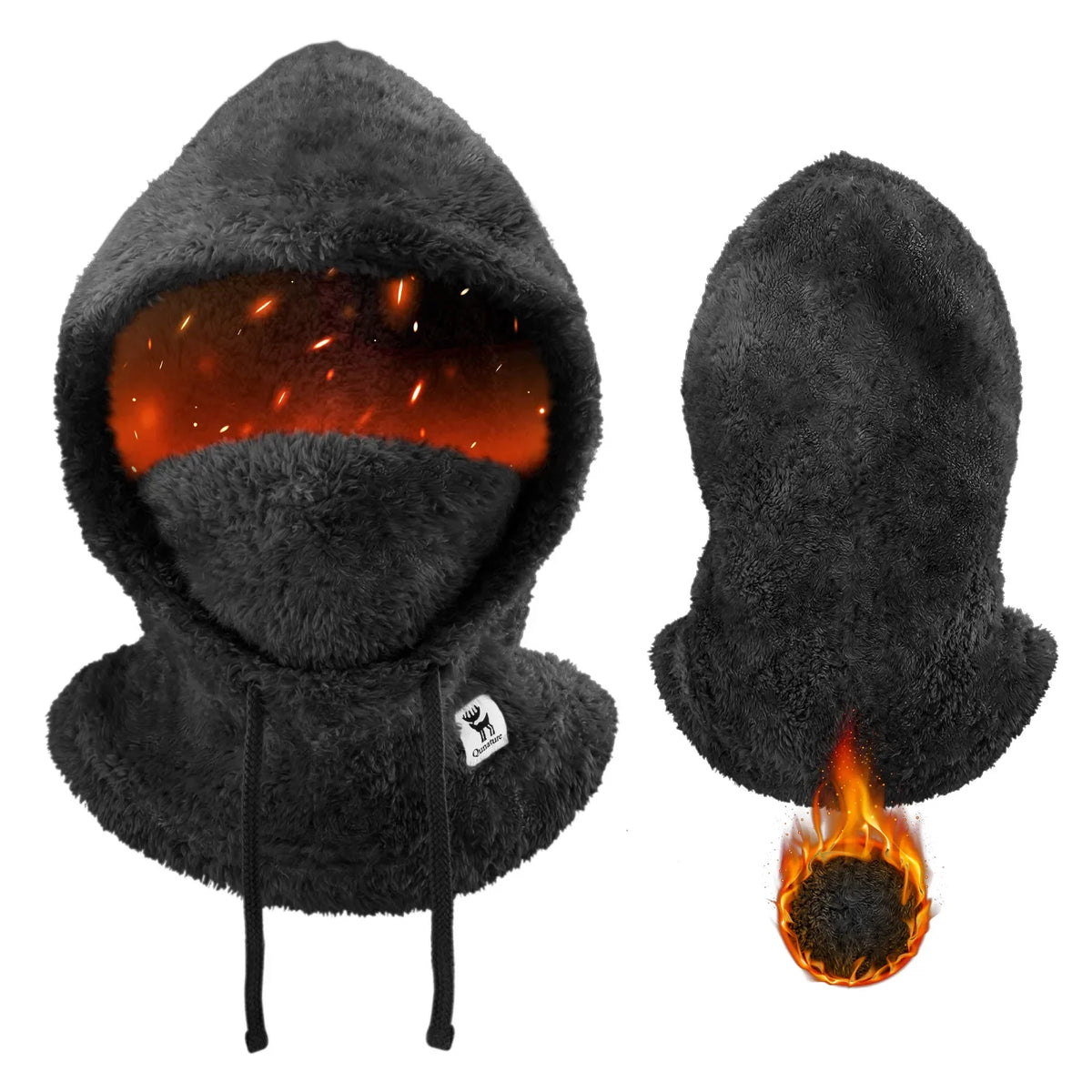 Black fleece hood with a brand logo on a white background #color_Black