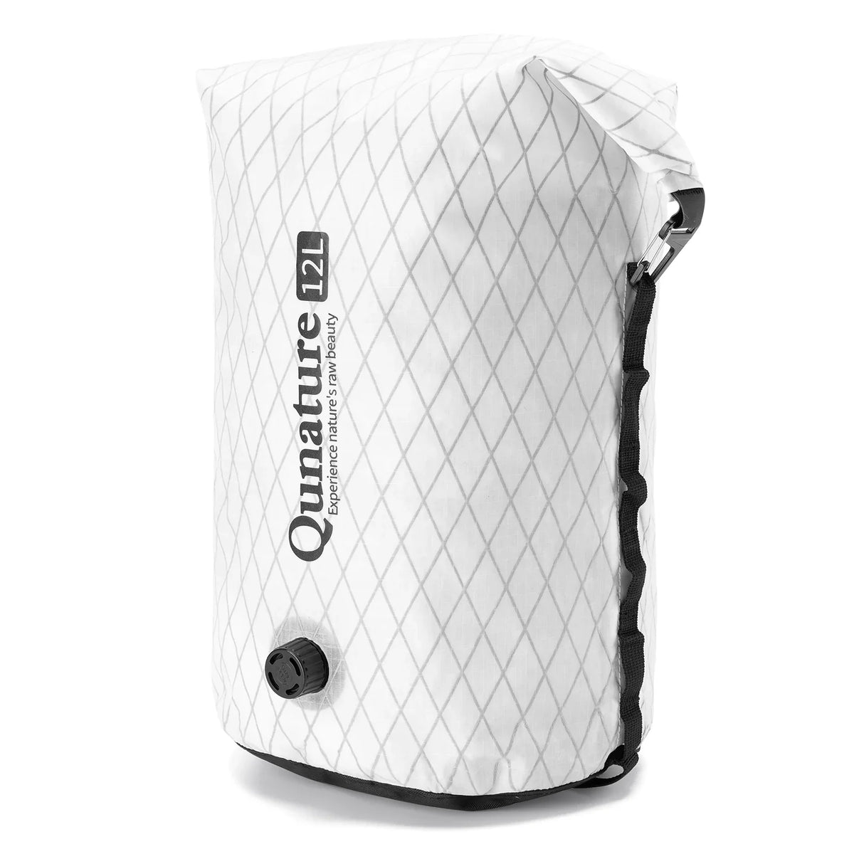 White inflatable bag with black text and design on a white background