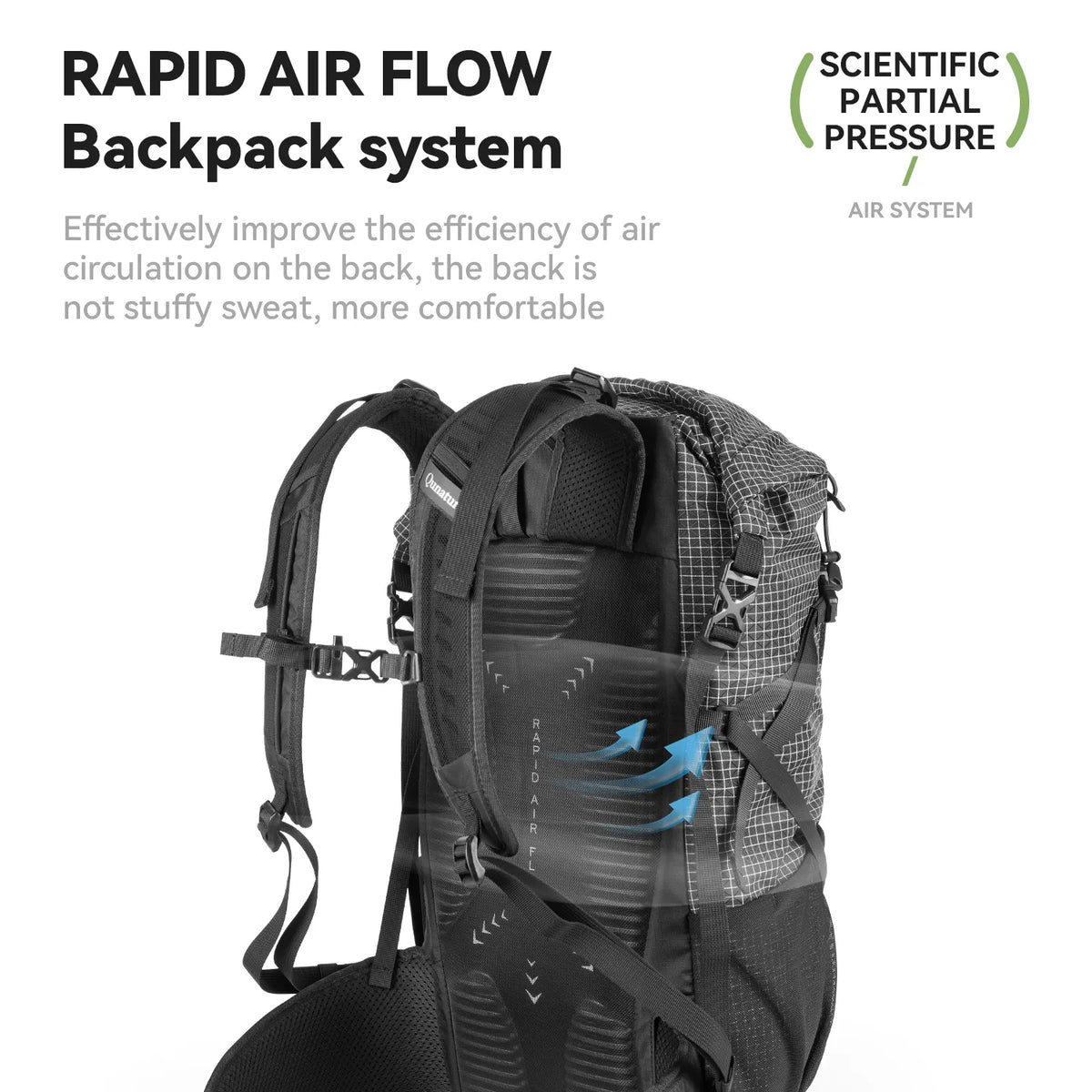 The carrying system of this backpack can effectively improve the efficiency of air circulation on the back, giving the back a comfortable feeling without sweating.