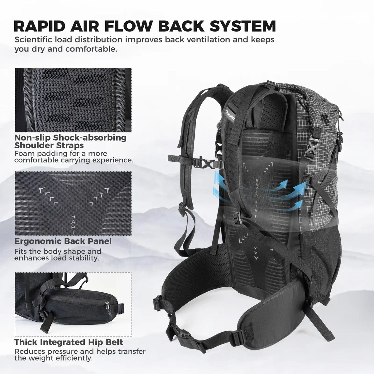This outdoor backpack has an ergonomic design and is comfortable