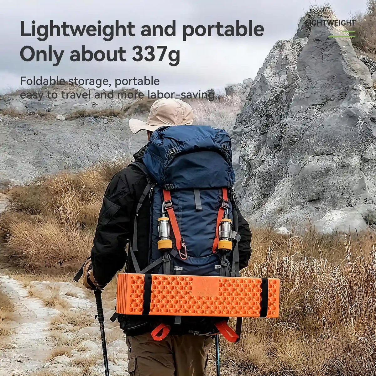 Person hiking with a blue backpack and orange camping pad in a mountainous area, with text about the backpack's weight and features.