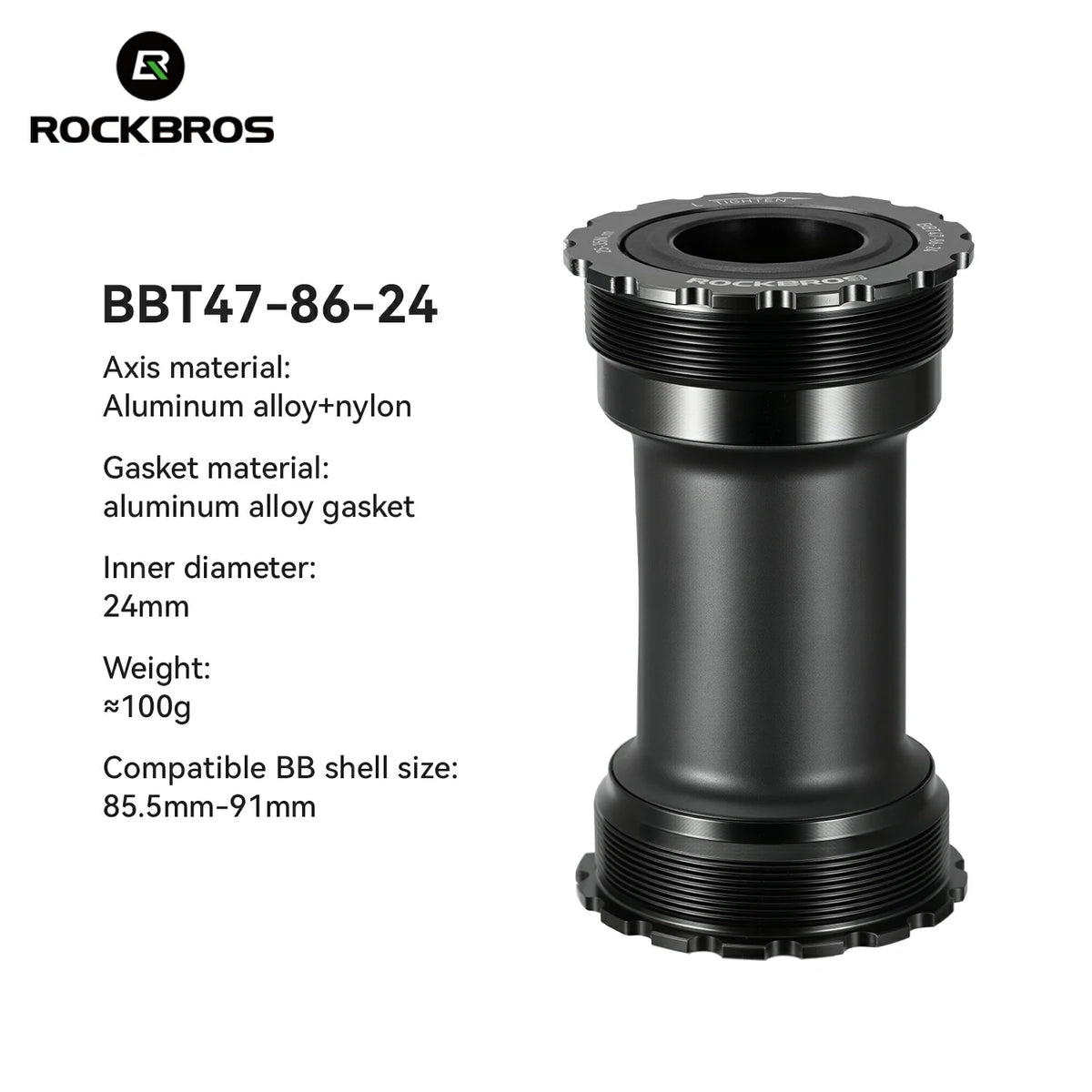 Black bicycle bottom bracket with technical specifications on a white background #Size_BBT47-86-24