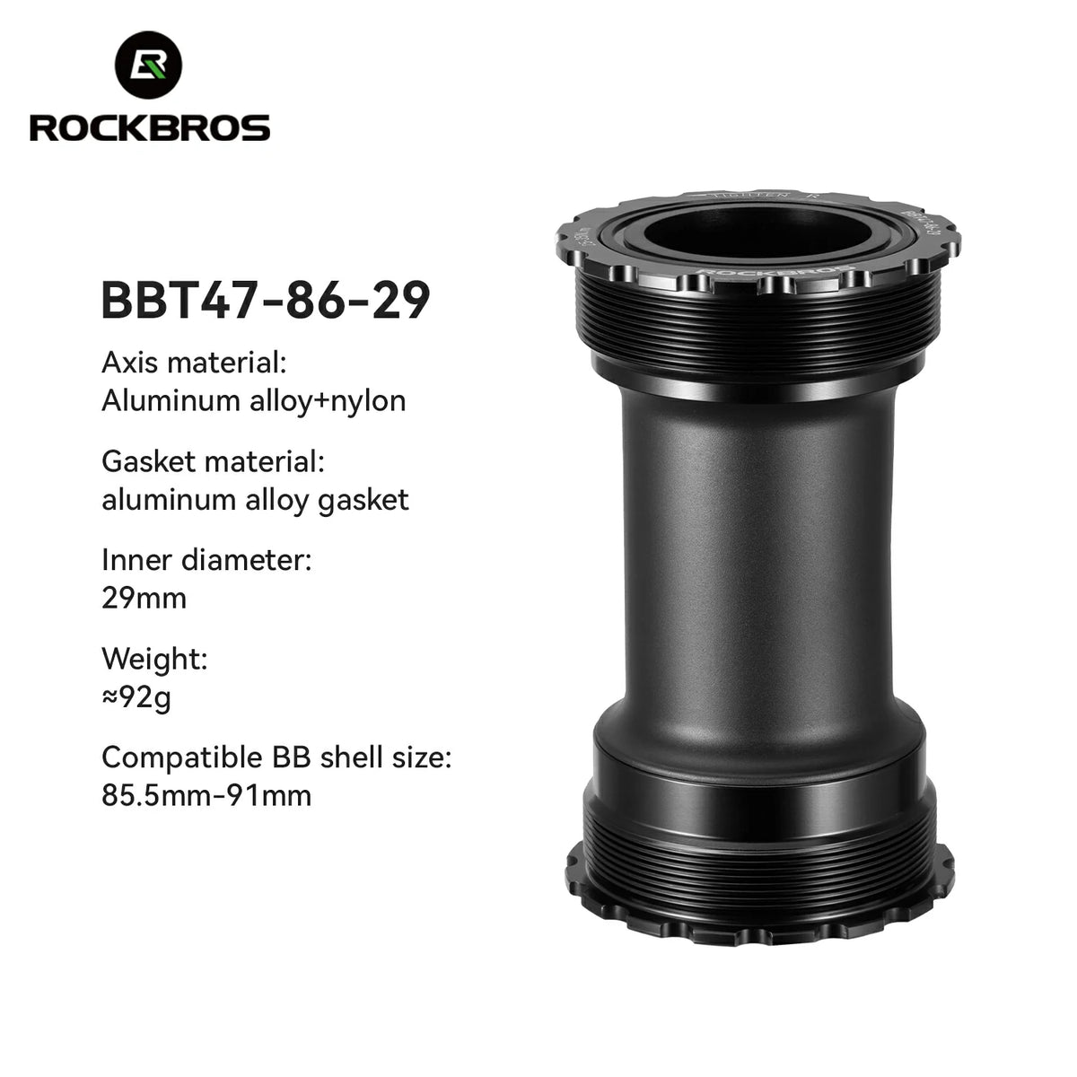 Black bicycle bottom bracket with specifications on a white background, featuring the RockBros brand. #Size_BBT47-86-29