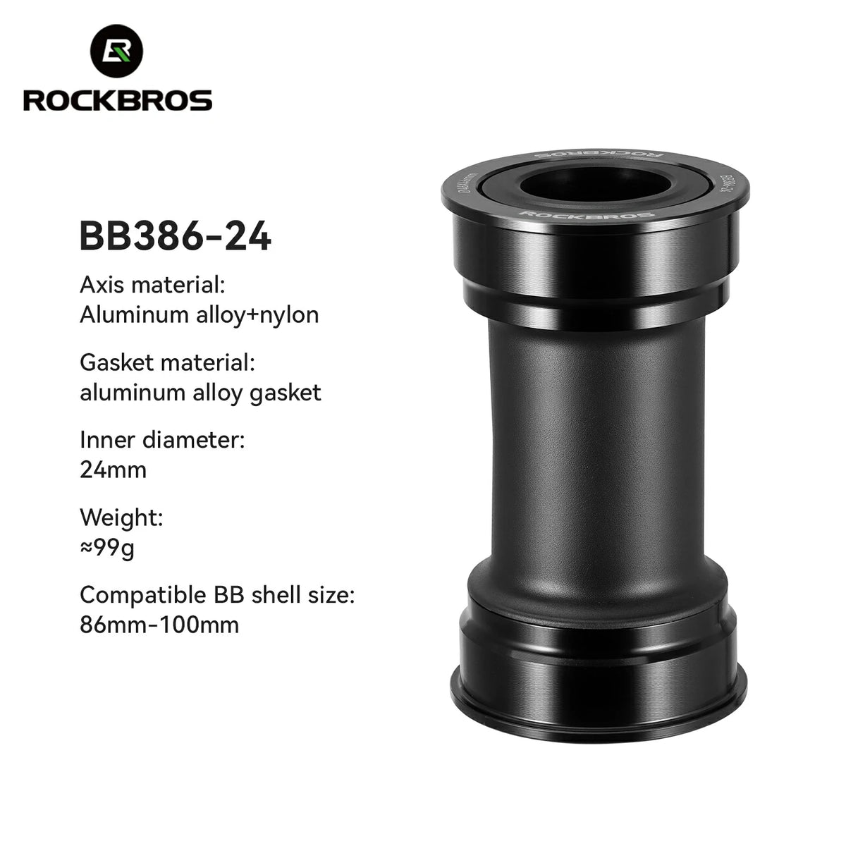 Black bicycle bottom bracket with specifications on a white background, featuring the RockBros brand.  #Size_BB386-24