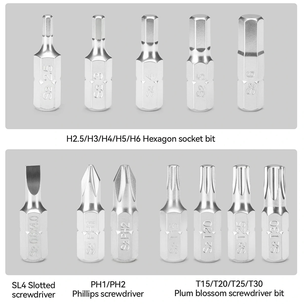 Set of H2.5 to H6 hexagon socket bits and screwdriver bits